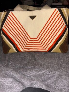 Prada Canvas Tote Bag with Orange Stripe Accent